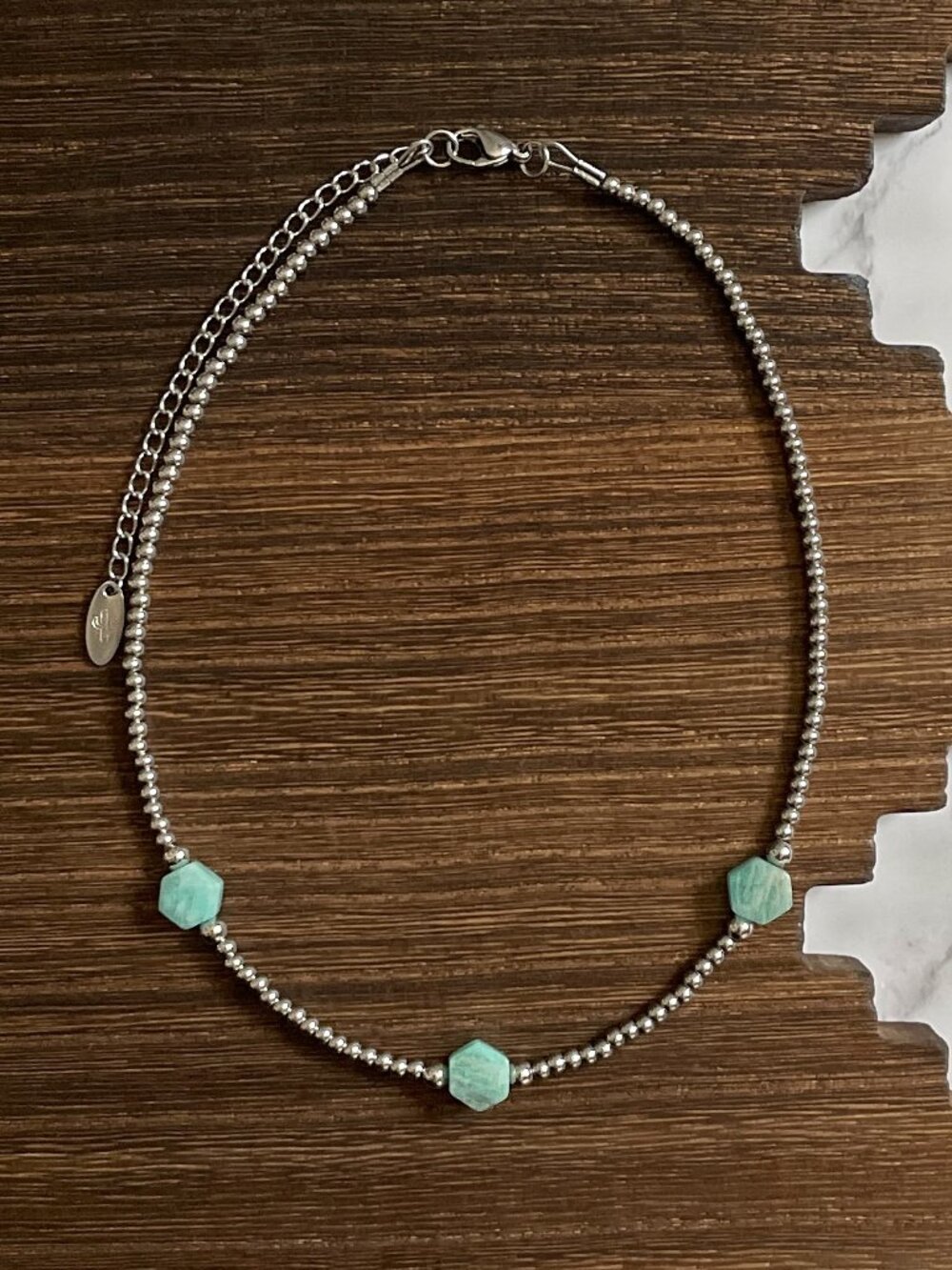 Handmade Amazonite Hexagon Western Pearl Choker Necklace 14 inch